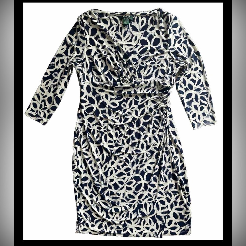 Lauren Ralph Lauren Faux Wrap Navy White Floral Sheath 3/4 Sleeve Ruched Size 12
